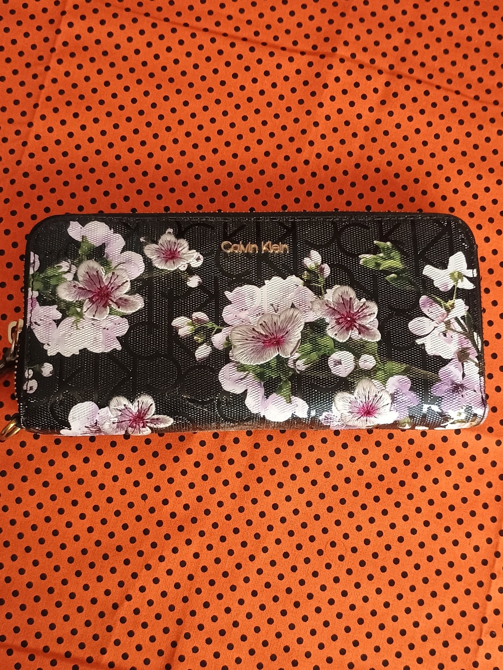 Calvin Klein Black Floral Zip-Around Wallet with Gold Logo
